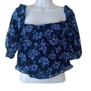 Wild Fable Womens Smocked Cropped Off The Shoulder Top Black Floral JR L New